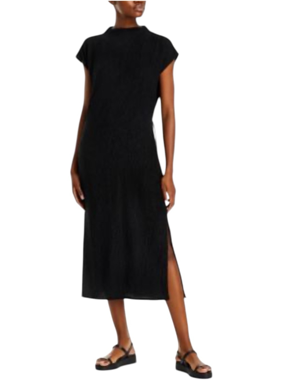 Eileen Fisher Crinkle, Black Funnel Neck Midi
Dress,Cap Sleeve,Elastic Waist-XS - Picture 1 of 16